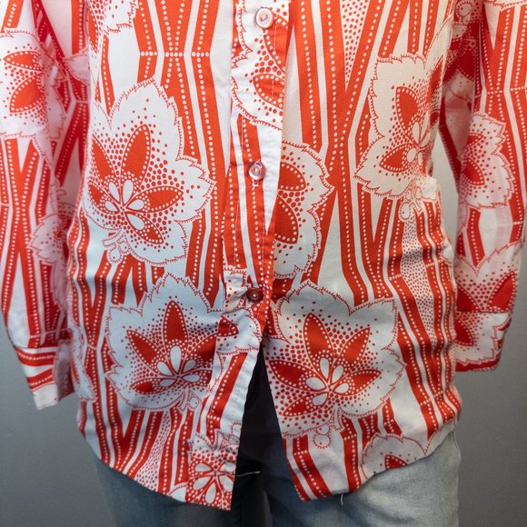 Vintage 70s Pykettes Size Small Shirt Red White Floral Button Up Disco Top - Picture 5 of 10